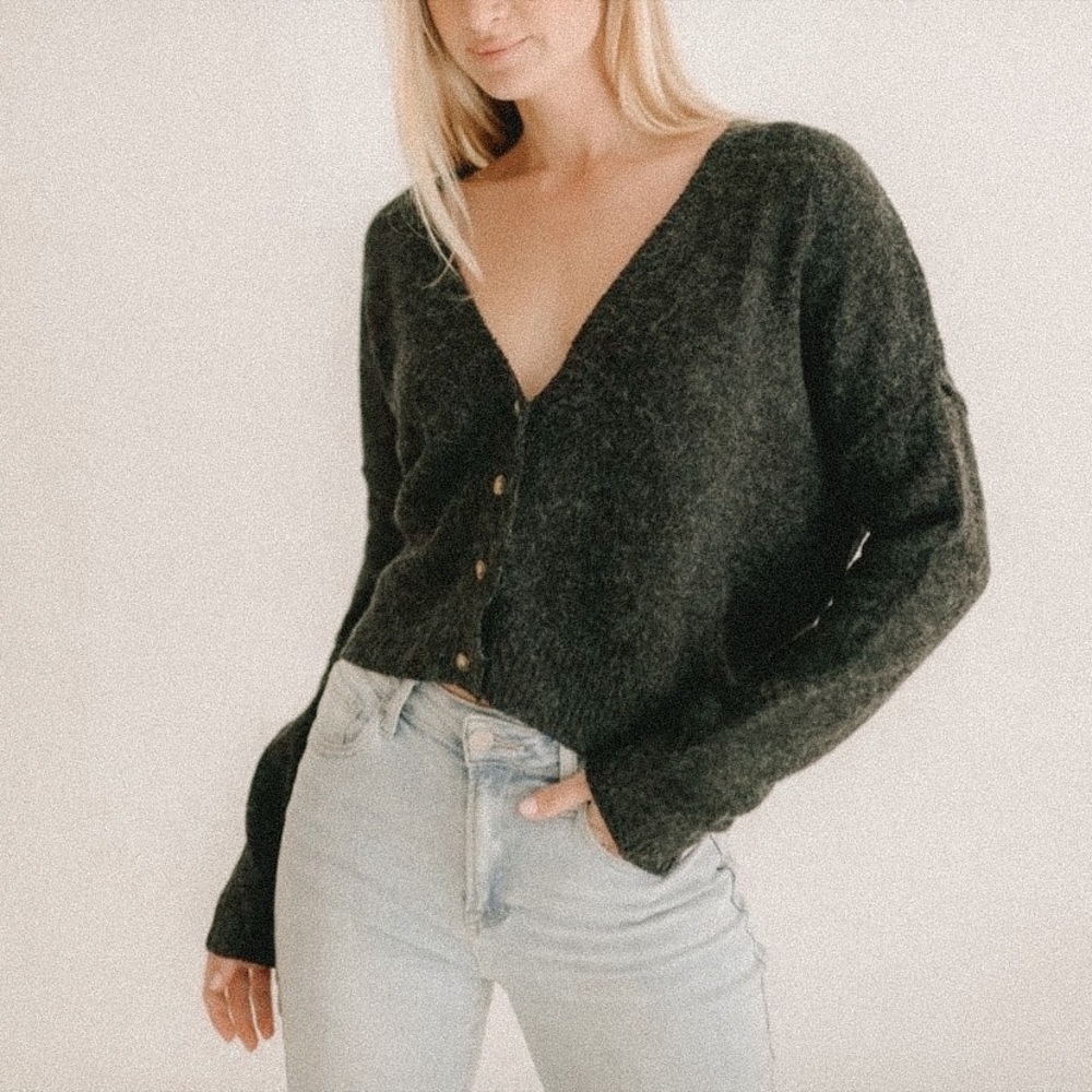 New Fuzzy Charcoal Button Down Lounge Sweater